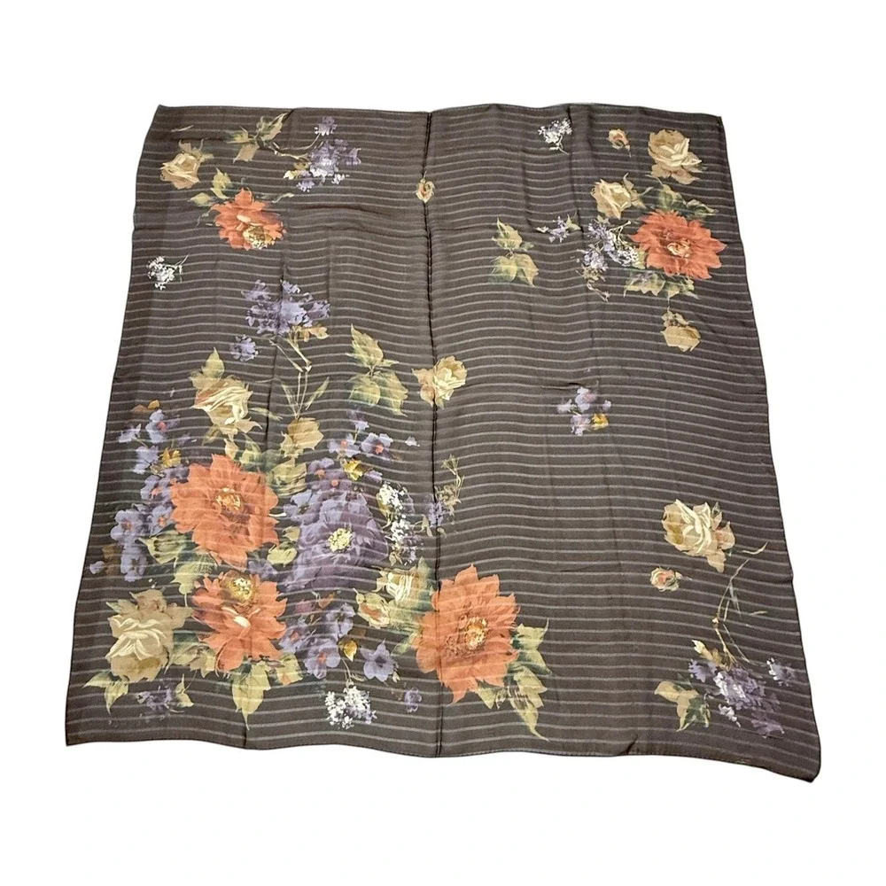 Echo Silk Scarf Vintage Brown Floral Striped Square 34 x 35